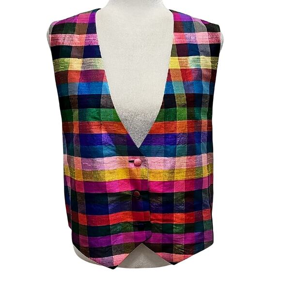 Handcrafted Women's Artistic Multicolor Plaid and Floral 3 Button Vest Size S/M - Picture 1 of 7